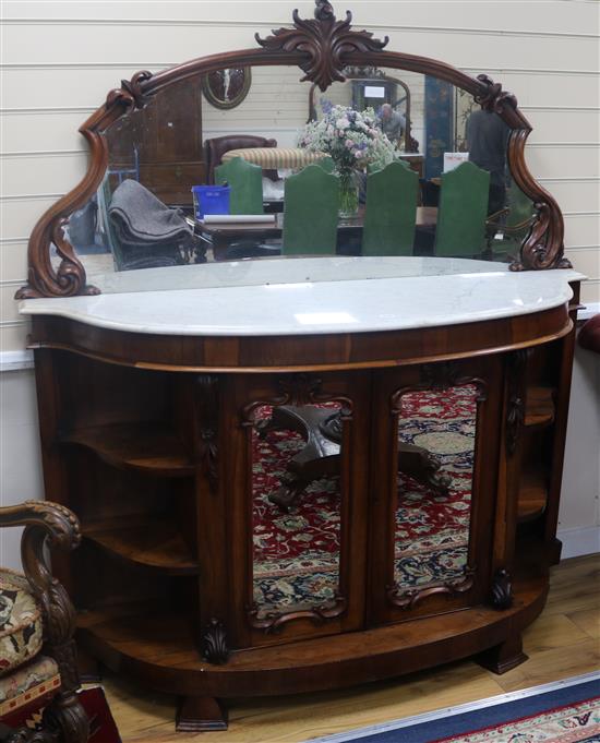 A Victorian rosewood marble topped side cabinet, W.154cm